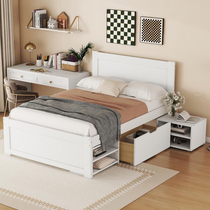 a bedroom with a bed, desk and drawers