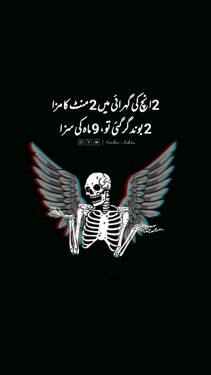 an image of a skeleton with wings in the air and arabic writing on it's back