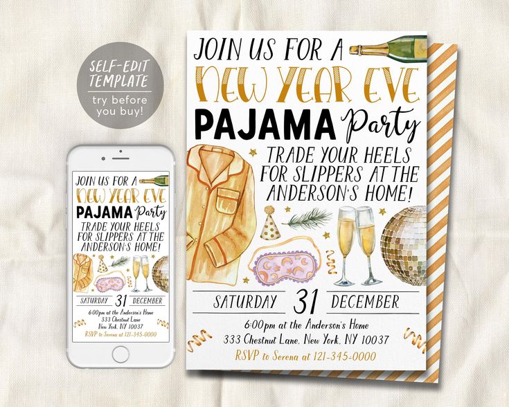 an image of a flyer for a new year's eve pajama party