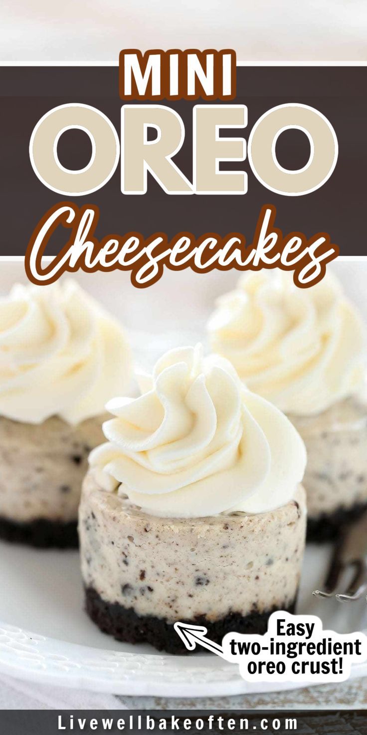 mini oreo cheesecakes on a white plate with the title overlaying