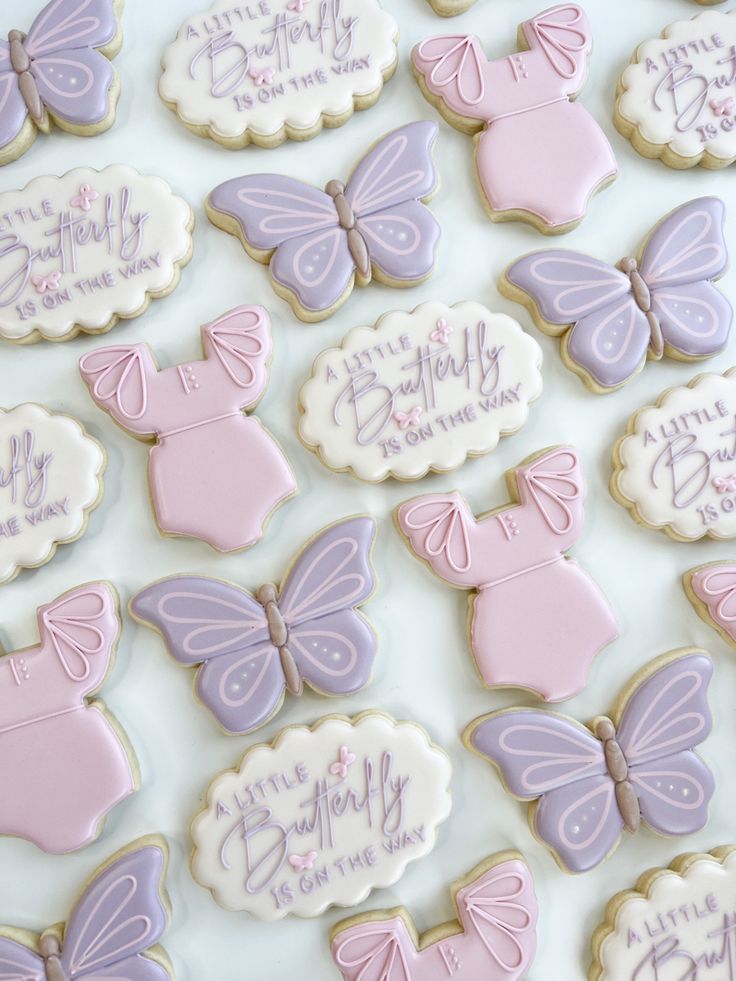 Butterfly, pink, purple, baby shower, baby shower cookies, a little butterfly is on the way, sugar cookies, decorated cookies A Little Butterfly Is On Her Way Cake, Butterfly Cookies Baby Shower Girl, Butterfly Gender Reveal Ideas, Enchanted Theme Baby Shower Ideas, Butterfly Flower Baby Shower Ideas, A Butterfly Is On Her Way, Baby Shower Theme Butterfly, Baby Shower Cakes Girl Butterfly, Pink And Purple Butterfly Baby Shower