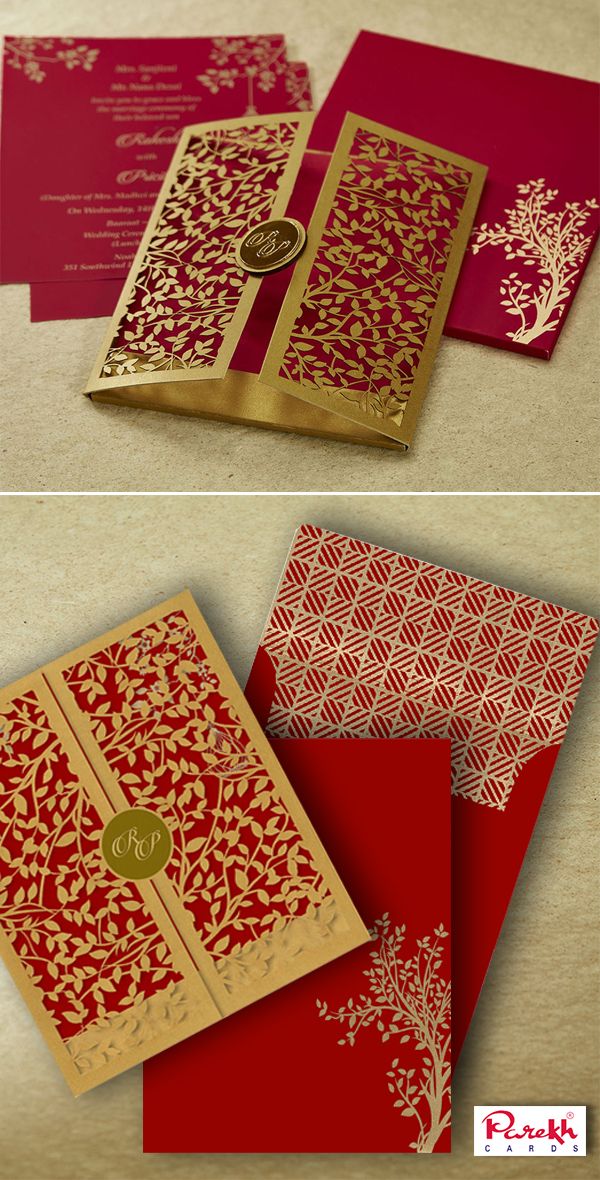 red and gold wedding cards with golden foil on the front, in different colors and designs