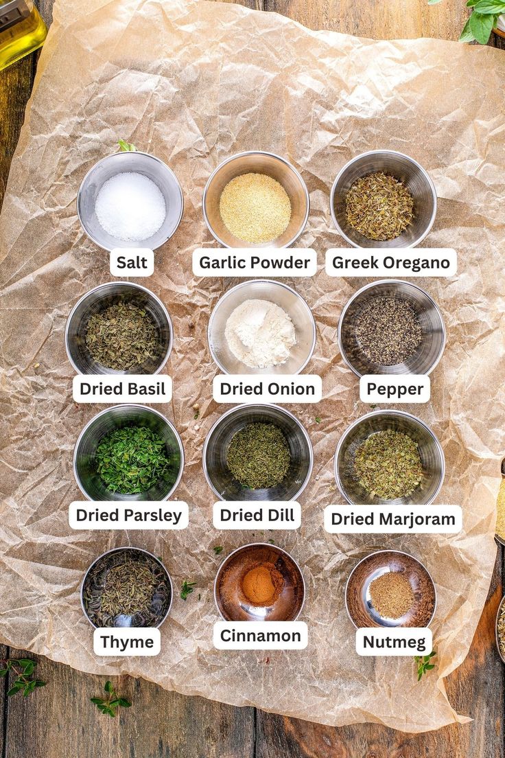 an overhead view of different spices and seasonings in bowls