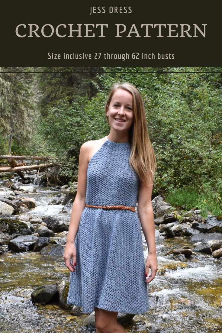 a woman standing in the water wearing a blue dress and brown belted boots with text overlay that reads, free crochet pattern size 27 through 66 inches bust