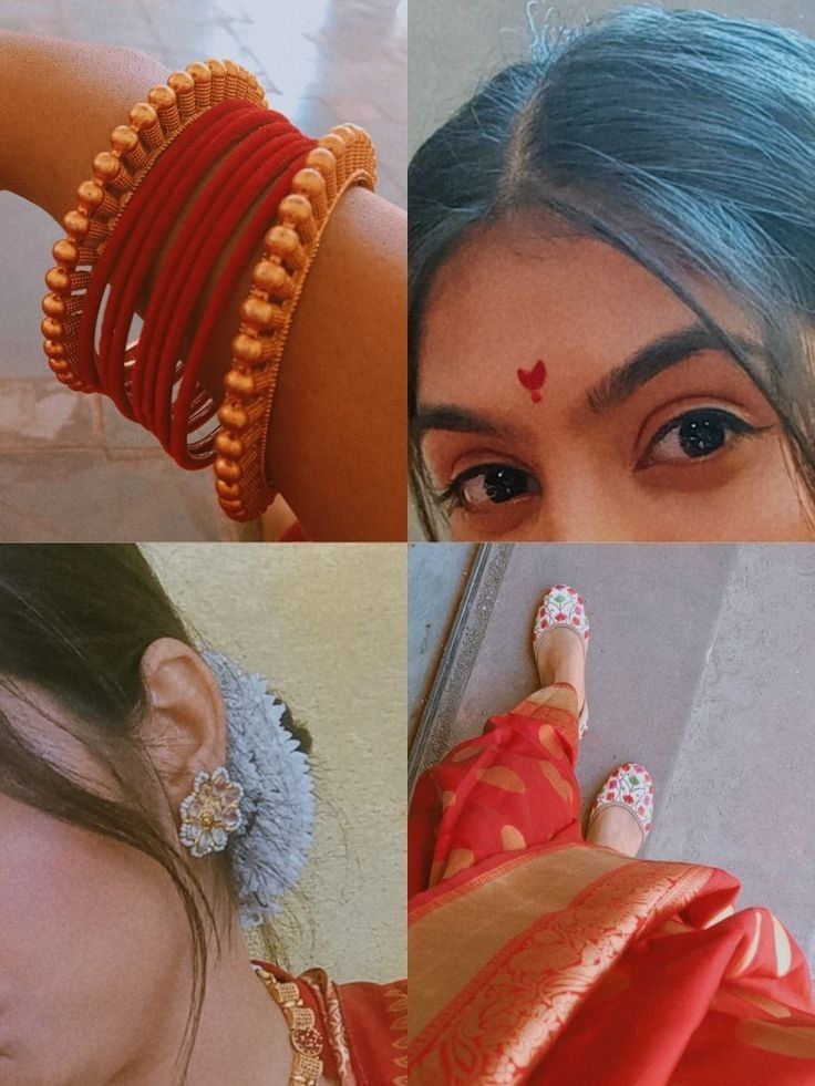 four pictures of different types of bracelets and hair combs, with one woman's face in the background