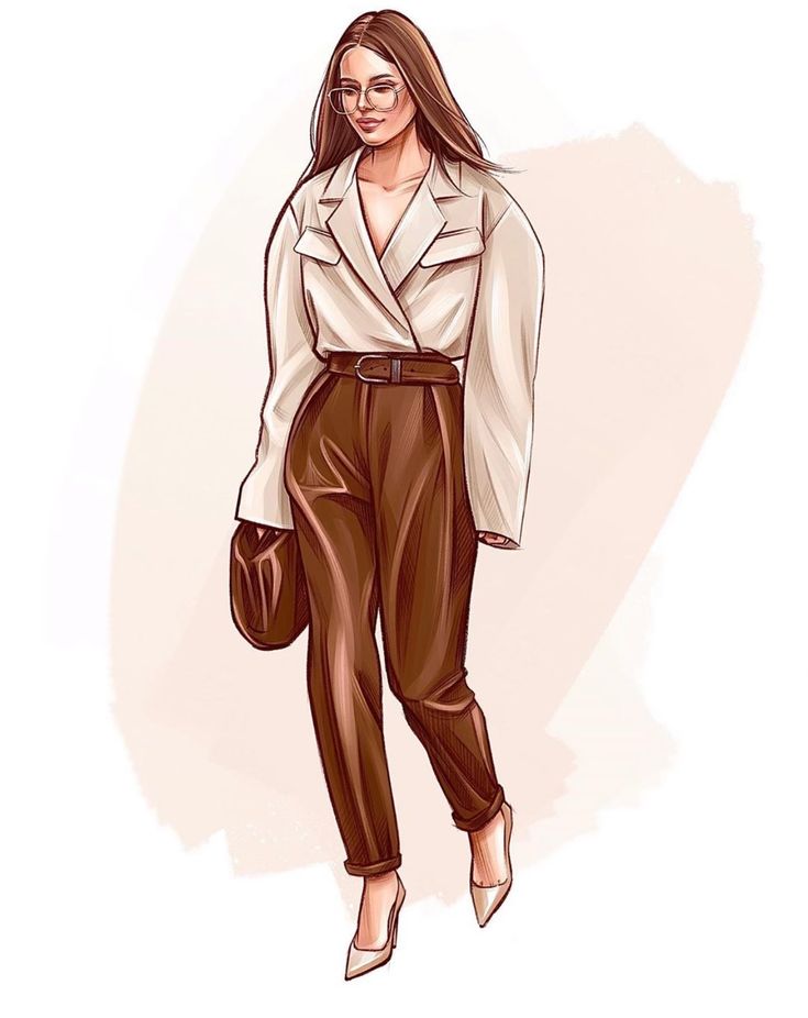 a drawing of a woman in brown pants and a white shirt is walking down the street