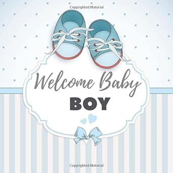 a welcome baby boy card with blue shoes and hearts on the bottom, in front of a striped background