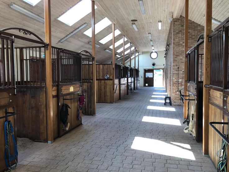 the inside of a stable with several stalls