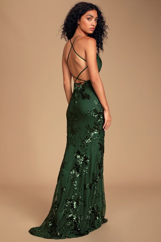 Valhalla Forest Green Sequin Lace-Up Maxi Dress Green Sequin Prom Dress, Forest Green Dresses, Green Formal Dresses, Sequin Prom Dress, Prom Dress Inspiration, Formal Dresses Gowns, Cute Prom Dresses, Pretty Prom Dresses, Sequin Maxi Dress