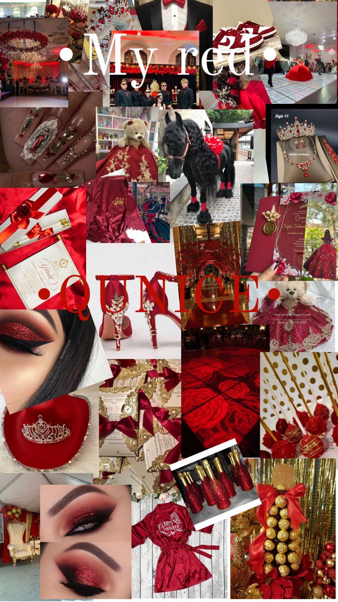 red and gold collage with many different pictures