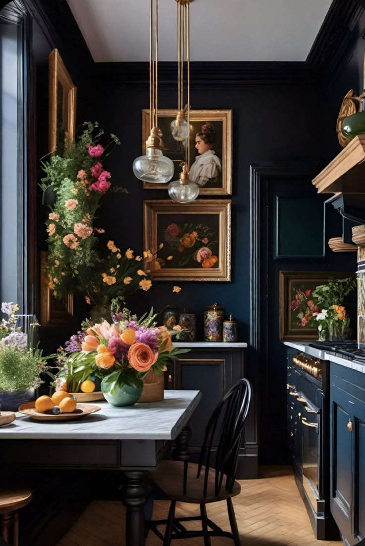 a dining room table with flowers and fruit on it