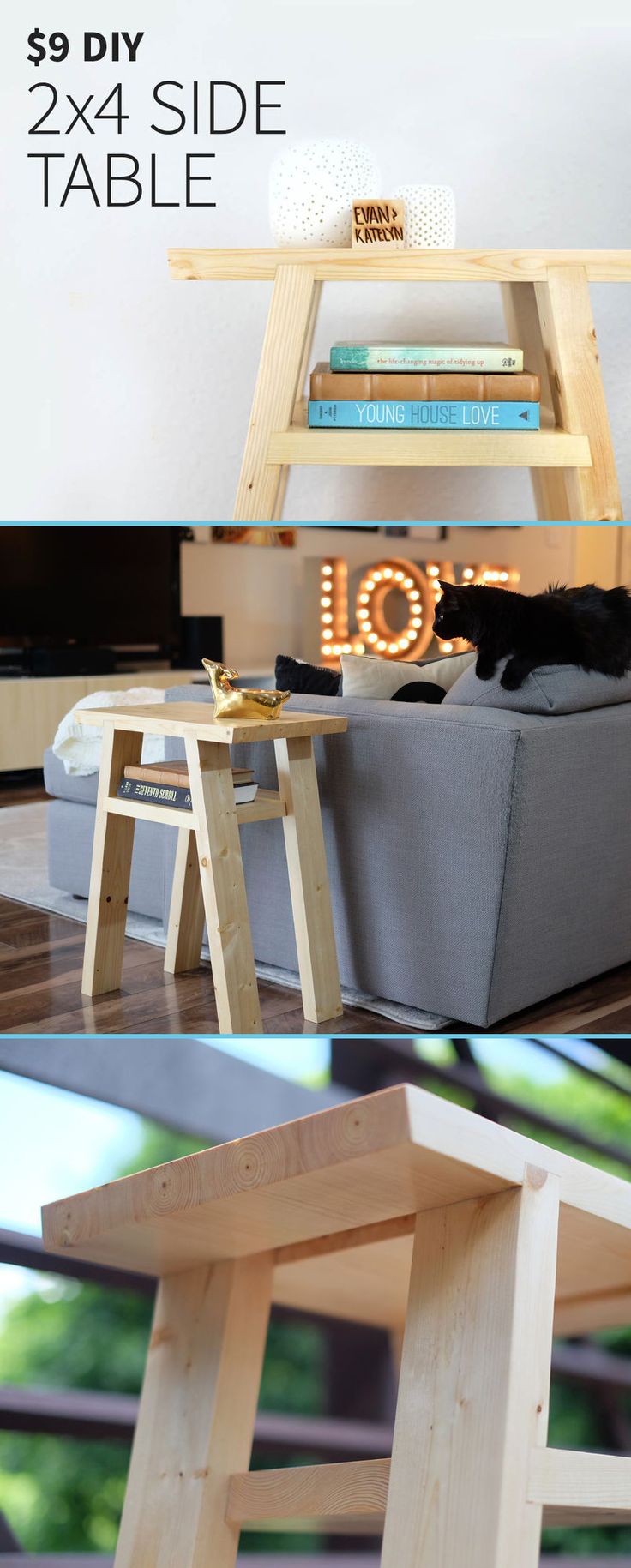 there is a cat laying on top of a small table next to a couch and bookshelf