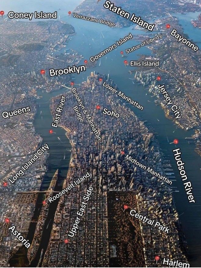 an aerial view of new york city and the surrounding area, with all its major landmarks marked in red