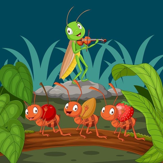 a group of ants playing violin in the forest with grass and plants behind them illustration