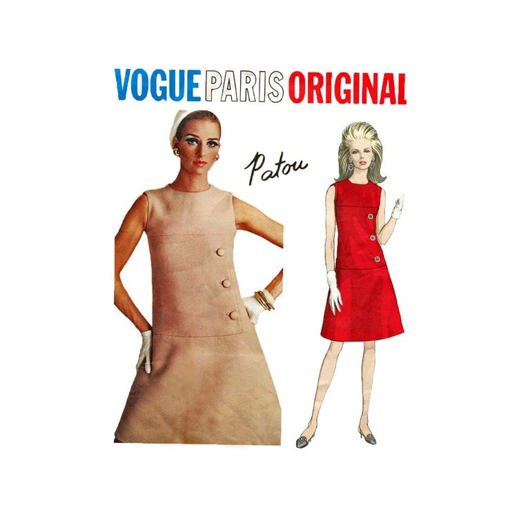 One-Piece Dress. Slightly fitted, sleeveless, A-line dress has a jewel neckline and side front button trim; side zipper, and shoulder closing. Featured in Vogue Pattern Book April/May 1967 and Vogue Pattern Book December 1967/January 1968 This was one of the patterns selected to be part of Vogue's Premiere of The Paris Originals line in 1967. Vogue 1715 ©1967 Patou SIZE: 14 MEASUREMENTS BUST: 34 CONDITION PATTERN: CUT & COMPLETE ENVELOPE: GOOD FLAP? YES INSTRUCTIONS: YES https://www.etsy.com/sho Mod Dress Pattern, 60s Vogue, Flare Dress Pattern, 1960s Vogue, 1960’s Fashion, Vogue Dress Patterns, Vintage Vogue Patterns, Vogue Dress, Vintage Dress Patterns