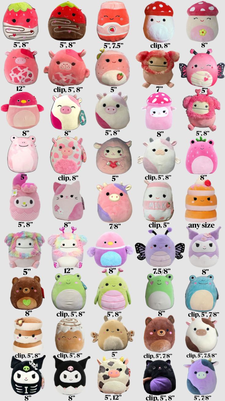 a bunch of stuffed animals that are in different colors and sizes, all with numbers on them