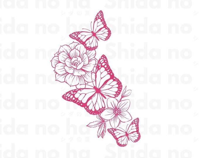 butterflies and flowers on a white background