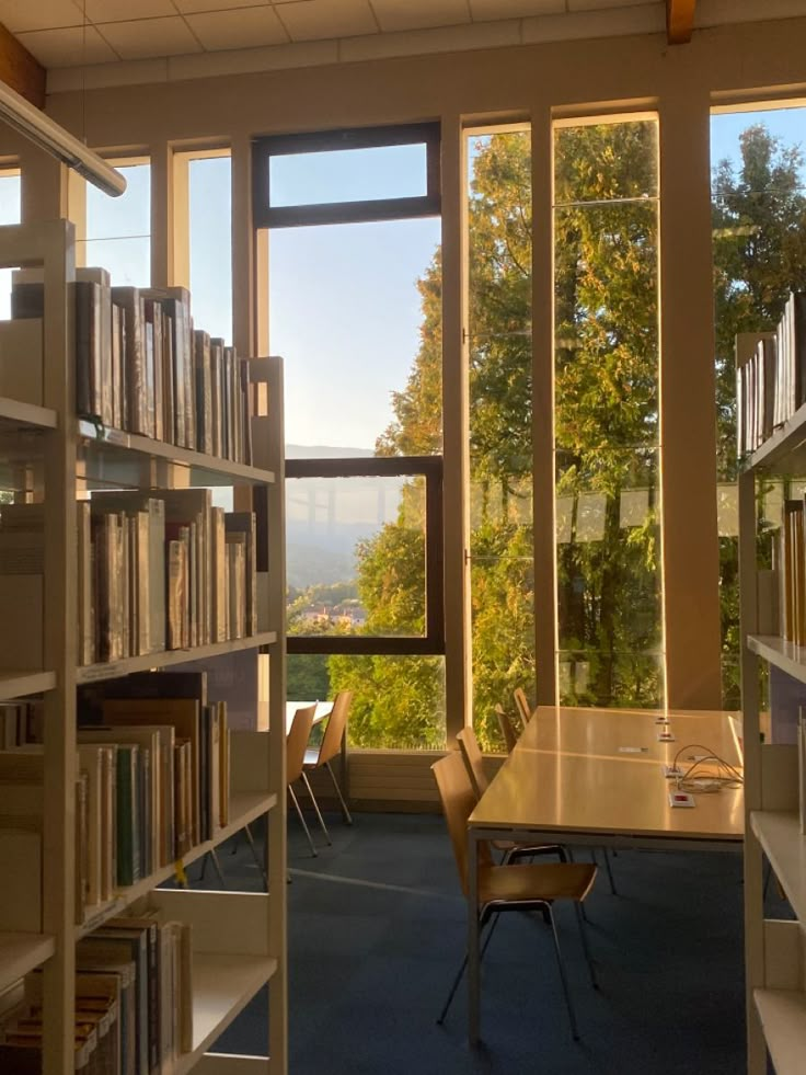 an empty library with bookshelves and tables in the foreground, looking out onto trees