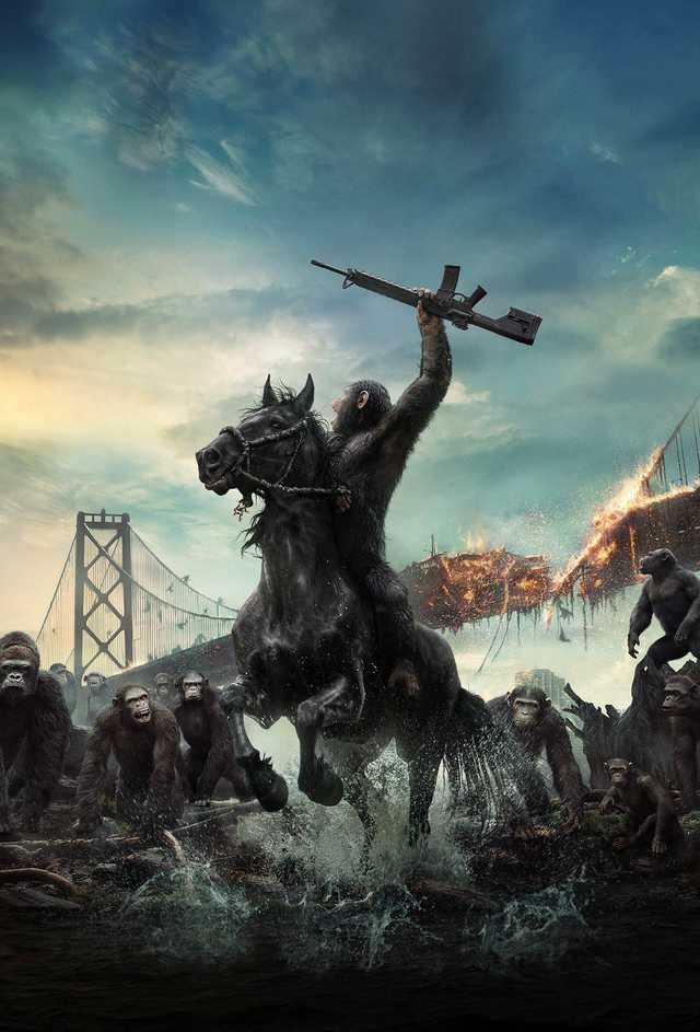 a man riding on the back of a horse next to a bunch of gorillas