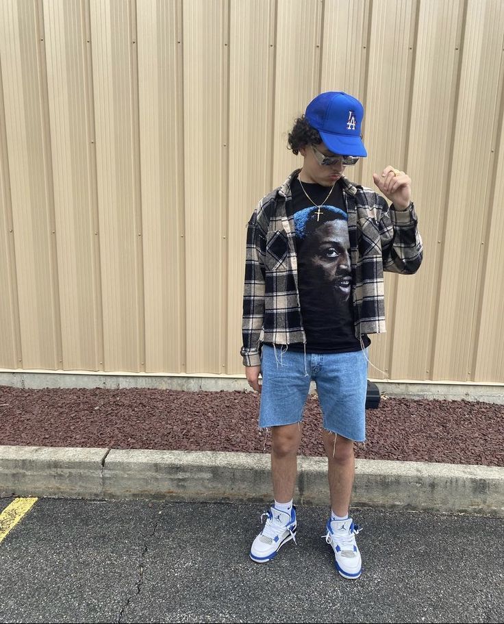 Aj 4 Outfit, Mens Jordan 3 Outfit, Flannel And Jorts Men, Jordan 4 Summer Outfit Men, Jordan 4 Motorsport Outfit Men, How To Style Jorts Men, Industrial Blue Jordan 4 Outfit, Jordan 4 Military Blue Outfit Men, Flannel And Jorts Outfit