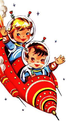 an illustration of two children riding on a rocket