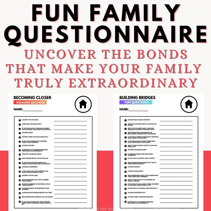 the family question is shown in red and black with text that reads, fun family questionnaire