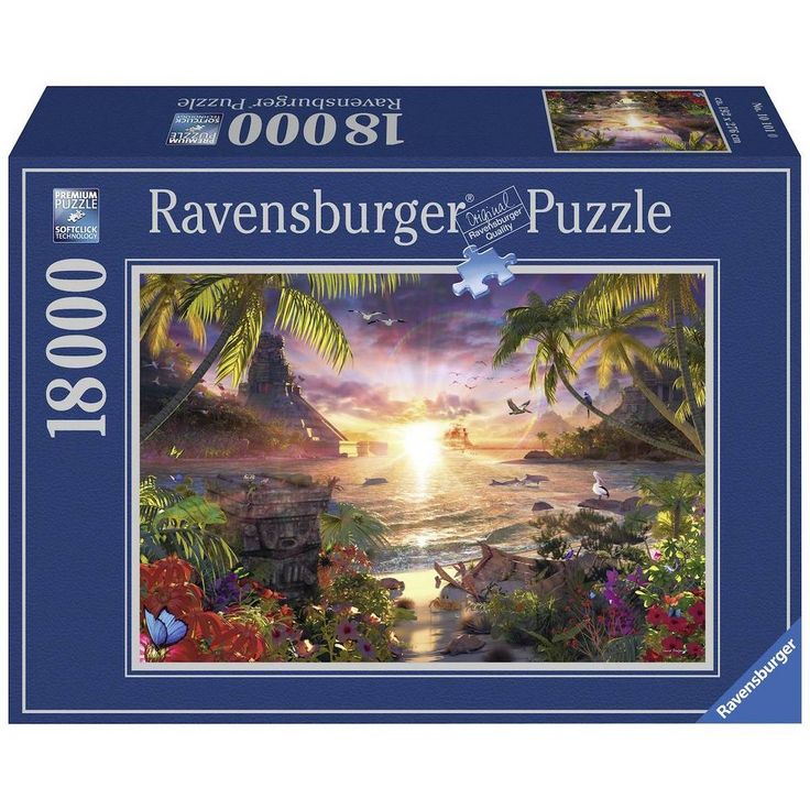 a puzzle box with the image of a sunset and flowers on it, as well as an ocean scene