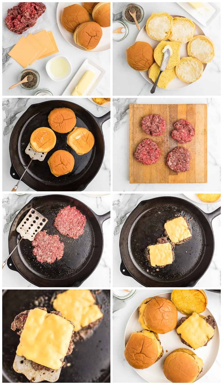 the process of making hamburger sliders is shown in multiple pictures, including cheese and meat patties