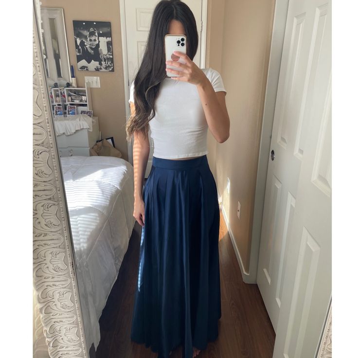 Never Worn. Only For Photos. Material Is Polyester 97% Spandex 3% No Signs Of Wear Or Damage. In Great Condition Navy Maxi Skirt Outfit, Blue Maxi Skirt Outfit, Navy Maxi Skirt, Brandy Skirt, Maxi Skirt Outfit, Blue Maxi Skirt, Satin Maxi Skirt, Maxi Skirt Outfits, Satin Maxi