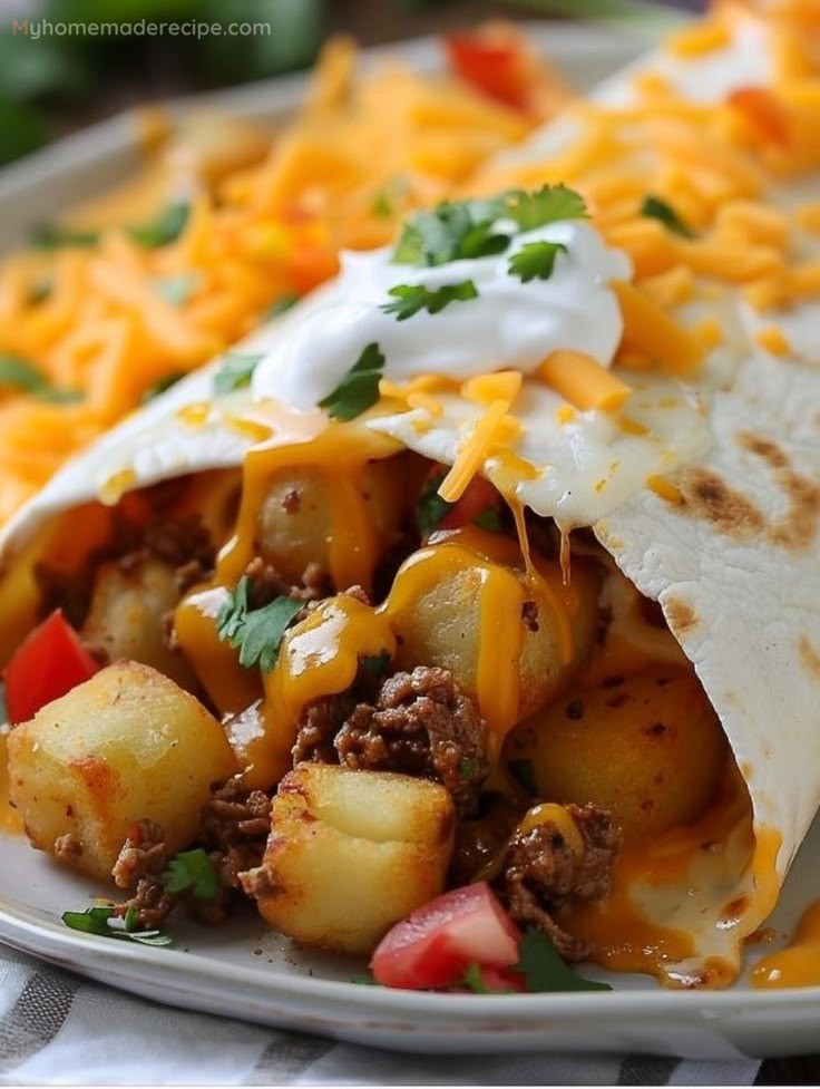 a burrito filled with meat, cheese and vegetables on a plate next to other food