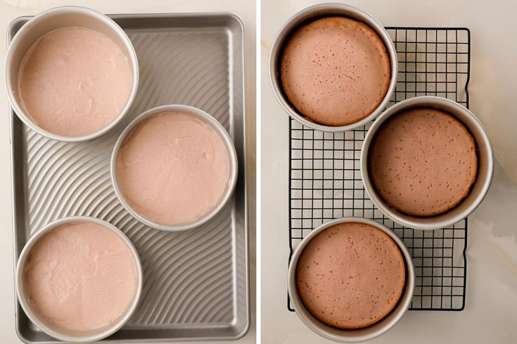 four pans filled with cake batter on top of a cooling rack