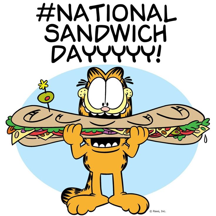 garfield holding up a large sandwich with the words national sandwich day on it's side