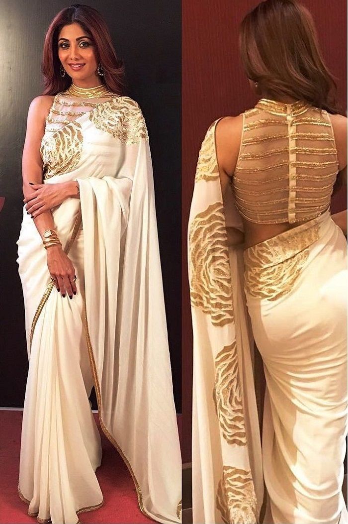 Saree Blouse Back Designs 2020 Inspire By Bollywood Celebs That You Have To Give A Shot | VERBENA INDIA White And Gold Saree, Gold Saree, Netted Blouse Designs, Saree Jackets, Lehenga Blouse Designs, Sari Blouse Designs, Shilpa Shetty, Indian Saree Blouses Designs, Saree Blouse Patterns