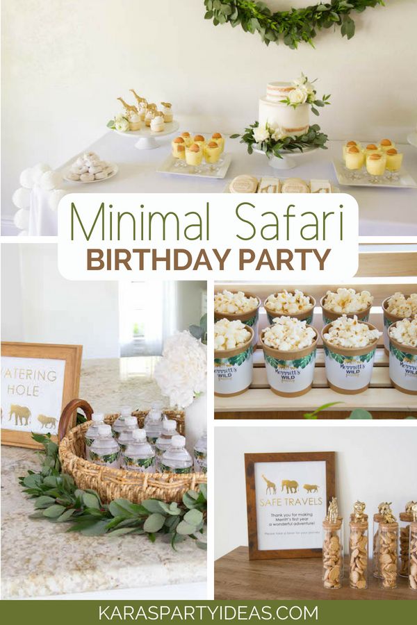 an animal safari birthday party with food and desserts, including cupcakes, marshmallows