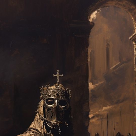 a painting of a statue with a cross on it's head in front of a doorway