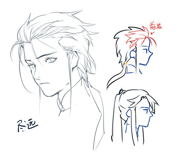 some sketches of the same character from an anime movie, with different facial expressions and hair colors