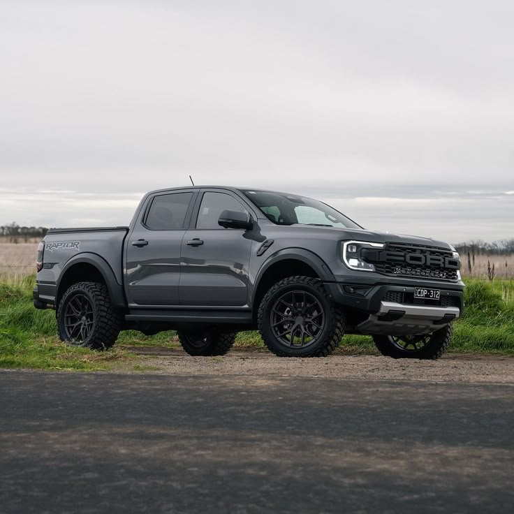 a grey truck parked on the side of a road next to a grass covered field