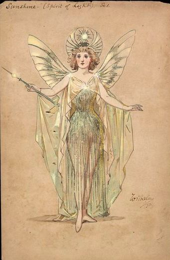 a drawing of a woman dressed as a fairy holding a wand and wearing a green dress