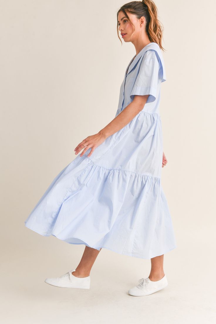 Sail away in style with our Sailor Collar Midi Dress! Made with lightweight cotton poplin, this dress features a playful short sleeve sailor collar, tiered button down design, and loose fit for all-day comfort. Perfect for any occasion, this dress will have you setting sail in style. 100% cotton Sailor Dress, Sailor Collar, Speak To Me, My Dream Wardrobe, Blue Midi Dress, Cool Clothes, New Tops, So Cool, Cotton Poplin