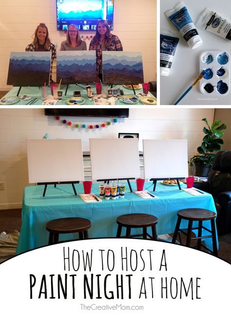 two women sitting at a table with paintings on it and the words how to host a paint night at home