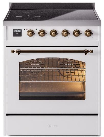 a white oven with two burners and an oven door open to show the inside