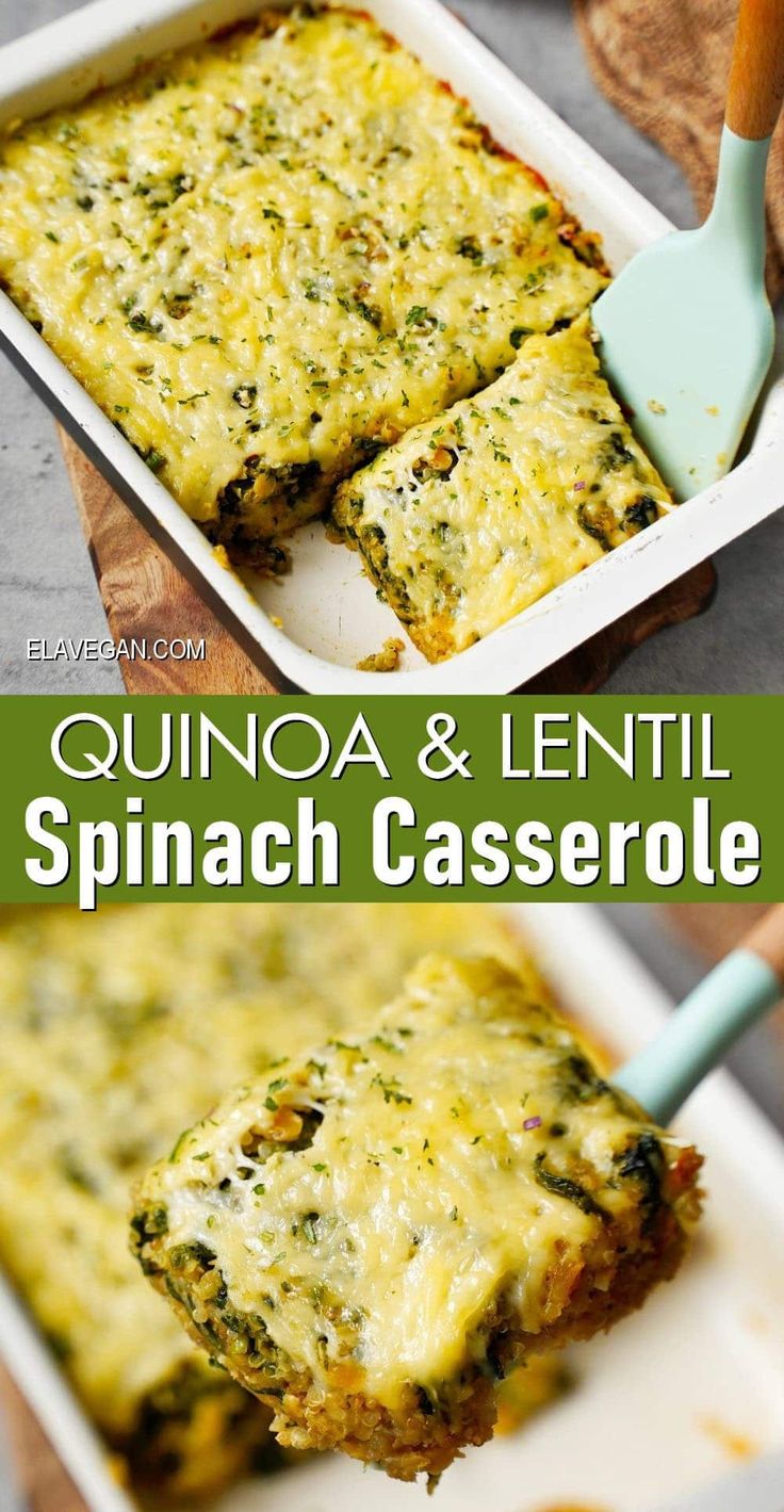 spinach and lentil casserole in a white dish with a spatula