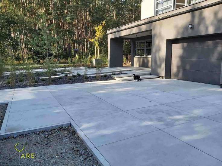 a black dog is standing in front of a house with a large driveway and garage