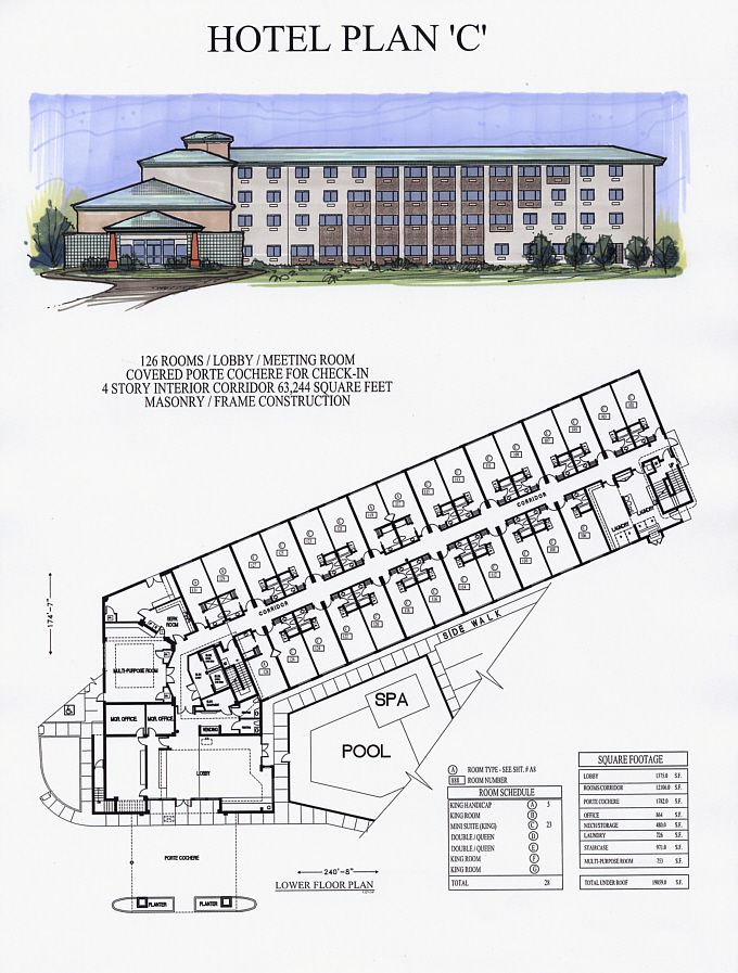 an architectural drawing of the hotel plan's layout and floor plans for each room