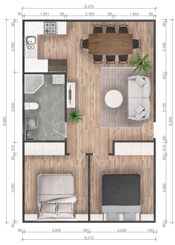 an overhead view of a floor plan with furniture and decor on the wooden flooring