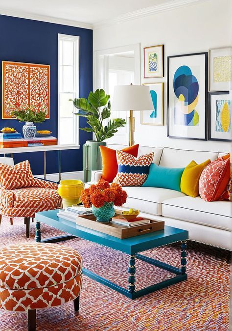 a living room filled with furniture and colorful pillows