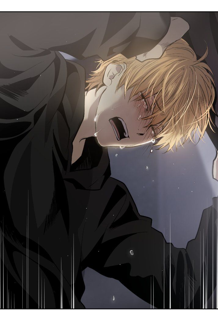 an anime character with blonde hair and black clothes is hugging his head in the rain