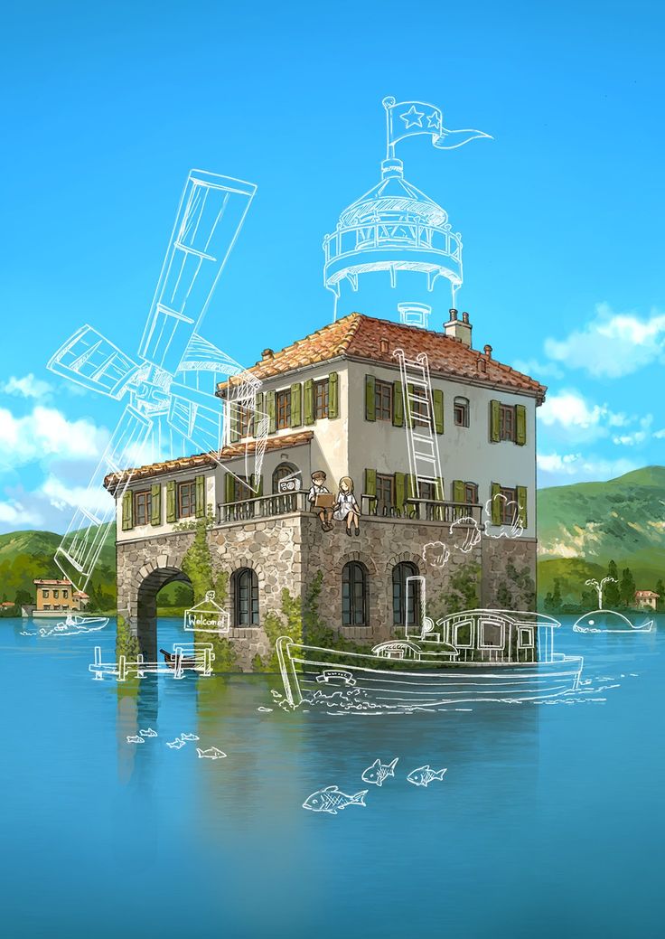 a drawing of a house on the water