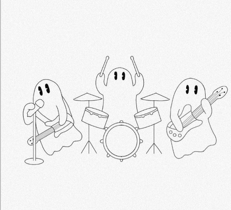 three cartoon characters are playing guitars and singing on the same drum set, one is wearing a ghost costume