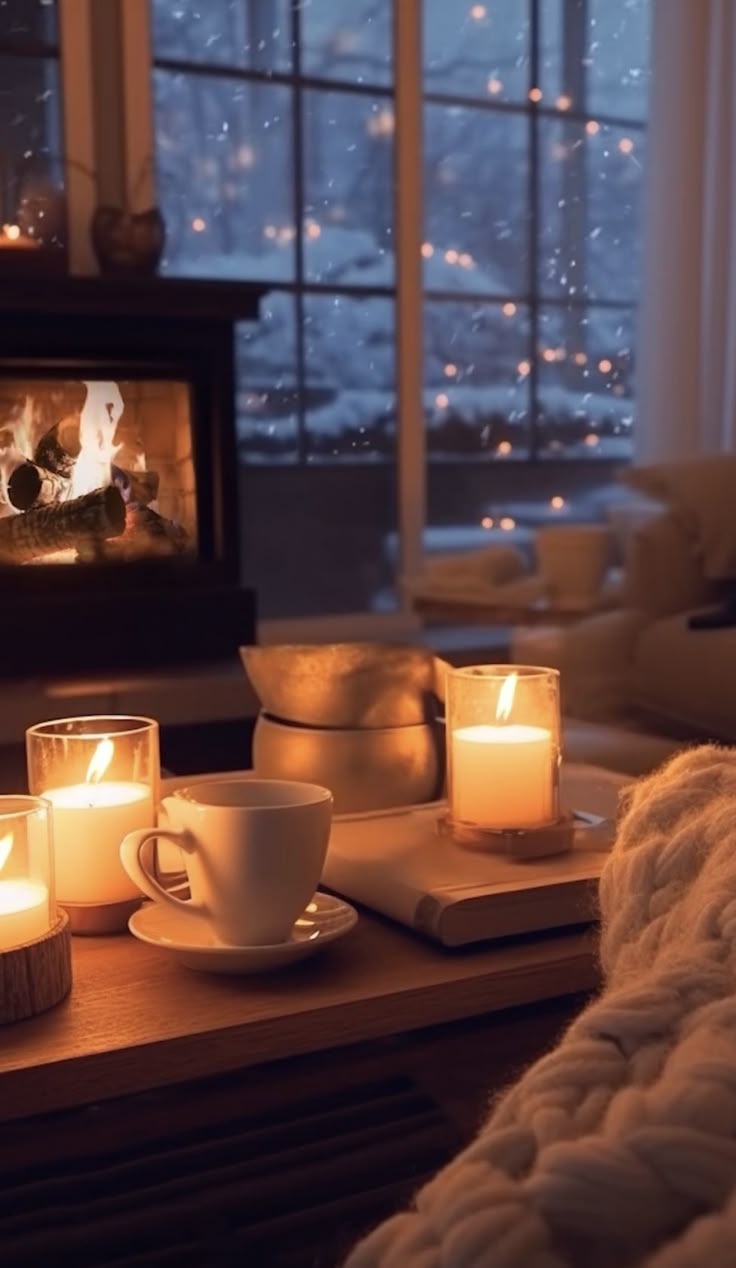 candles are lit on a table in front of a fireplace